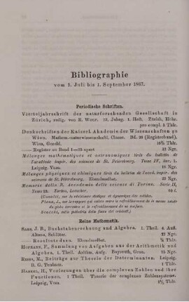 Bibliographie vom 1. Juli bis 1. September 1867.