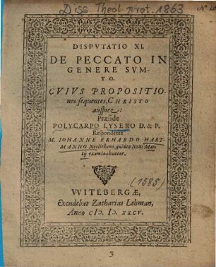 Dispvtatio XI. De Peccato In Genere Svmto