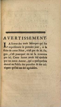 L' Isle Des Talens : Comédie ; Représentée pour la premiere fois par les Comédiens Italiens Ordinaires du Roi, le Mardi 19. Mars 1743