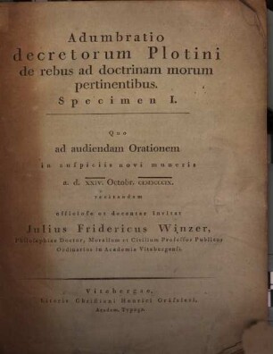 Adumbratio decretorum Plotini de rebus ad doctrinam morum pertinentibus : Specimen I
