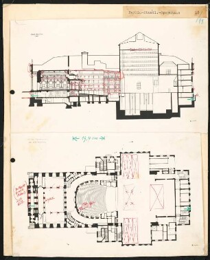 Königliche Oper (auch: Staatsoper unter den Linden, Lindenoper), Berlin: Grundriss und Längsschnitt
