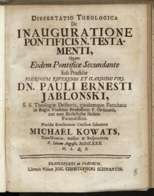 Dissertatio Theologica De Inauguratione Pontificis N. Testamenti