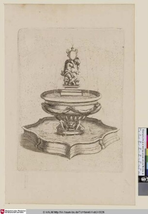 [Zweistöckiger Brunnen mit einem auf zwei Delphinen sitzenden Jungen, der eine Vase auf seinen Schultern hält]
