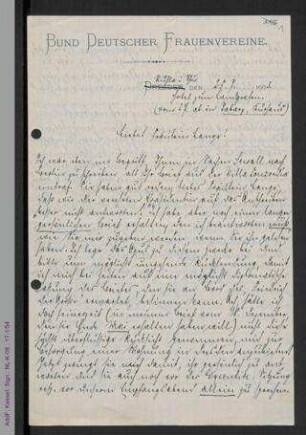 Brief von Marie Stritt an Helene Lange