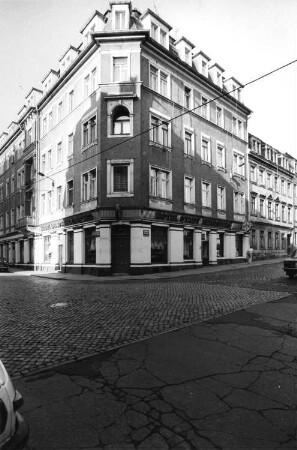 Dresden-Neustadt, Kamenzer Straße 1/Louisenstraße 77. Hotel "Stadt Rendsburg" (1884 erbaut). Eckansicht