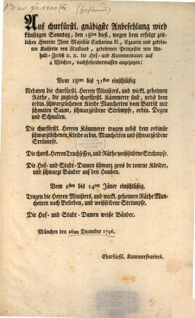 Hoftrauer für Catharina II. Kayserin von Rußland