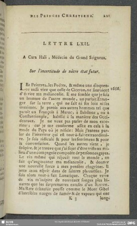 Lettre LXII. A Cara Hali , Médecin du Grand Seigneur