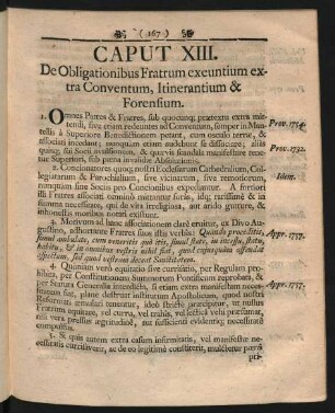 Caput XIII. De Obligationibus Fratrum exeuntium extra Conventum, Itinerantium & Forensium.