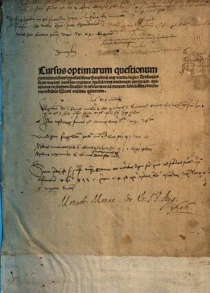Cursus optimarum questionum cum textualibus expositio[n]ibus Porphirij atq[ue] veteris logice Arestotilis sicut maximi parisius regentes tradiderunt