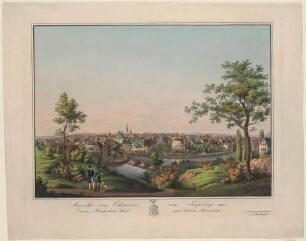 Stadtansicht von Chemnitz vom Kassberg im Westen über den Fluss Chemnitz, u. M. Wappen