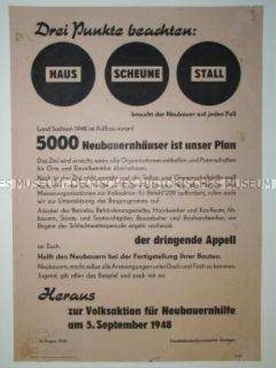 Maueranschlag mit einem Aufruf zur Unterstützung der Neubauern