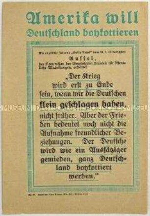 Flugblatt mit einem Zitat des amerikanischen Politikers Russel aus der britischen Zeitung "Daily News" über die Haltung der Weltöffentlichkeit gegenüber Deutschland nach Kriegsende