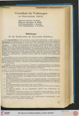 Verzeichnis der Vorlesungen im Winterhalbjahr 1934/35