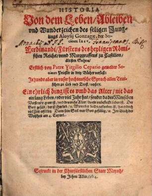 Historia von dem Leben ... Aloysii Gonzaga