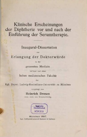Klinische Erscheinungen der Diphtherie vor und nach der Einführung der Serumtherapie