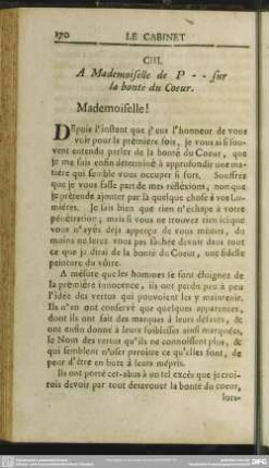 CIII. A Mademoiselle de P - - sur la bonte de Coeur
