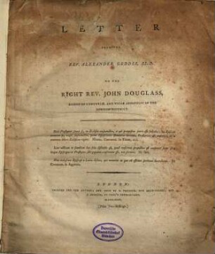 Lettre ... to John Douglass bishop ... and vicar apostolic in the London district