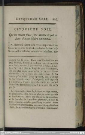 Cinquieme Soir. Que le étoiles fixes sont autant de soleils dont chacun éclaire un monde