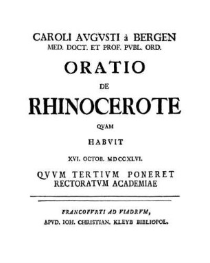 Caroli Augusti à Bergen ... Oratio De Rhinocerote
