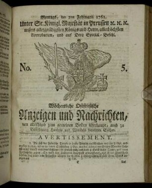No. 5. Montags, den 2ten Februarii 1761.