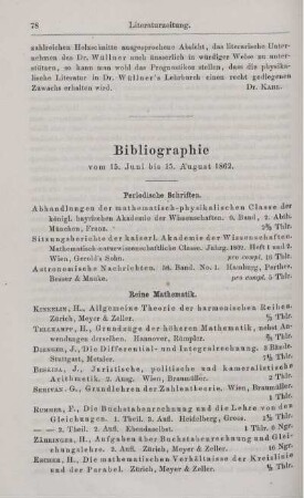 Bibliographie vom 15. Juni bis 15. August 1862.