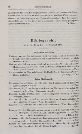 Bibliographie vom 15. Juni bis 15. August 1862.