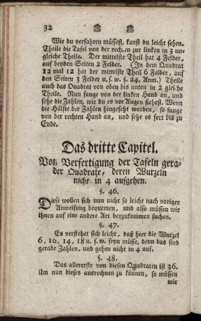 Das dritte Kapitel. Von Verfertigung der Tafeln gerade der Quadrate, deren Wurzeln, nicht in 4 aufgehen.