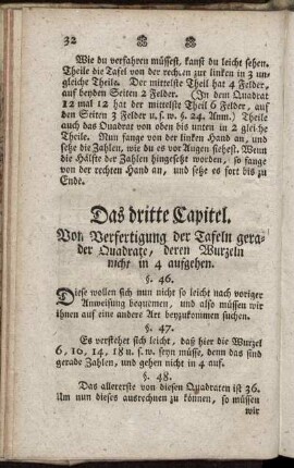 Das dritte Kapitel. Von Verfertigung der Tafeln gerade der Quadrate, deren Wurzeln, nicht in 4 aufgehen.