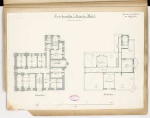 Landratsamt (Kreishaus), Zell/Mosel Monatskonkurrenz Januar 1888: Grundriss Keller, Dachgeschoss 1:100; Maßstabsleiste