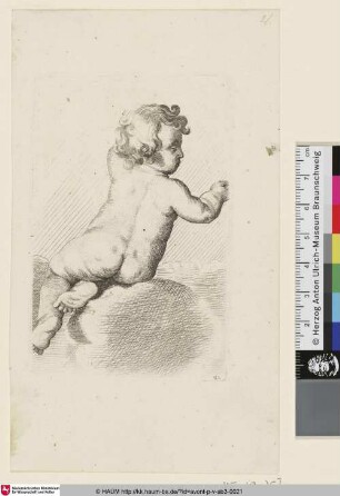 [Sitzender Putto, das rechte Bein untergeschlagen, nach rechts blickend, Rückenfigur]