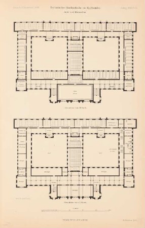 Technische Hochschule, Karlsruhe: Aula- und Hörsaalbau: Grundrisse 1. und 2.OG 1:400 (aus: Atlas zur Zeitschrift für Bauwesen, hrsg. v. Ministerium der öffentlichen Arbeiten, Jg. 49, 1899)