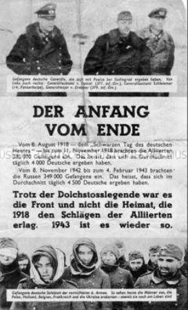 Illustriertes Abwurf-Flugblatt der Alliierten zu den Niederlagen der Wehrmacht in Nordafrika und bei Stalingrad
