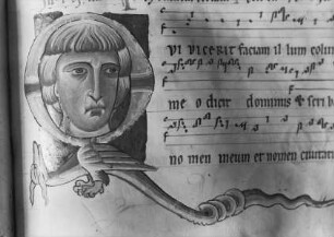 Antiphonarium Sedlecense — Initiale O mit dem Haupt eines Heiligen gerahmt von einem Drachenornament, Folio 273