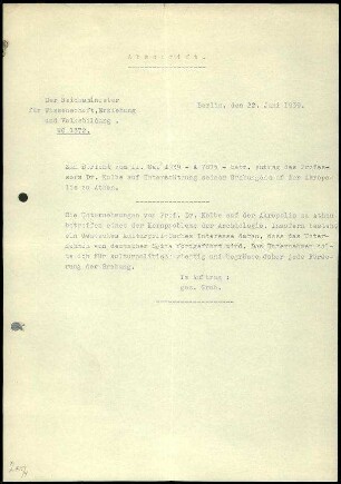 Schreiben des Reichsministers für Wissenschaft, Erziehung und Volksbildung