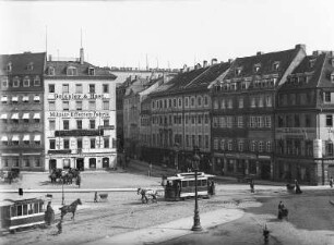 Dresden-Neustadt. Neustädter Markt mit Pferdebahnen. Blick nach Südost in die Große Klostergasse