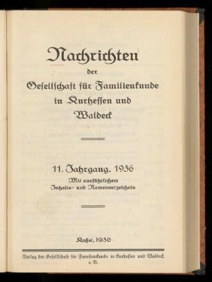 Nachrichten der Gesellschaft für Familienkunde in Kurhessen und Waldeck, 11. Jahrgang, 1936