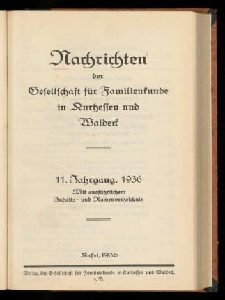 Nachrichten der Gesellschaft für Familienkunde in Kurhessen und Waldeck, 11. Jahrgang, 1936