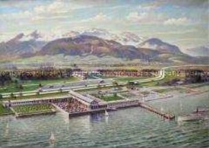 Autobahnraststätte mit KDF-Jachthafen und Erholungsgelände am Chiemsee bei Bernau