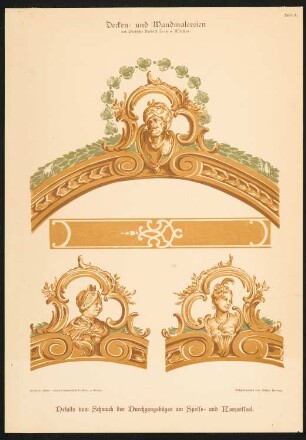Decken- und Wandmalereien ausgeführt in der Deutsch-Nationalen Kunstgewerbe-Ausstellung München 1888 (Verlag Callwey, 17 Tafeln in Farbendruck, aufgenommen von Stefan Herweg, hrsg. von Friedrich Nauert): Tafel 13: Details vom Schmuck der Durchgangsbögen am Speise- und Konzertsaal