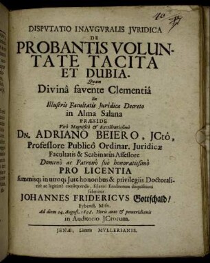 Disputatio Inauguralis Iuridica De Probantis Voluntate Tacita Et Dubia