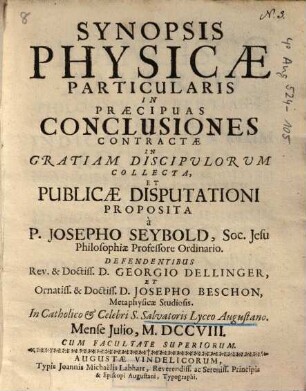 Synopsis Physicae Particularis In Praecipuas Conclusiones Contractae