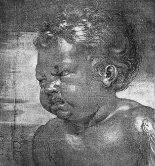 Engelstudien für die große Kreuzigung von 1521/1523 — Brustbild eines weinenden Engelknaben nach links