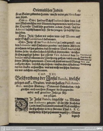 Cap. XXI. Beschreibung der Insul Banda, welche gelegen auff 4. Graden, und ein halben Poli Antarctici, von ihrer Kleidung, Sitten und Gebräuchen, deßgleichen auch von ihren Kriegen, die sie gegen einander auff gemeldter Insul zu führen pflegen