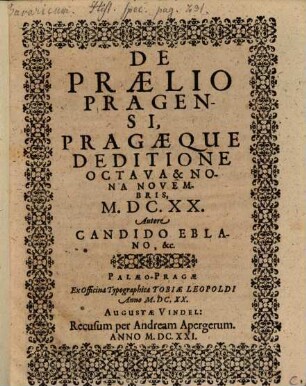 De Praelio Pragensi, Pragaeque Deditione Octava & Nona Novembris, M.DC.XX.