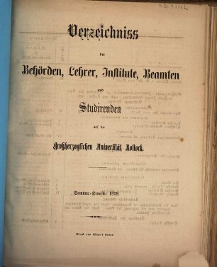 Verzeichnis der Behörden, Lehrer, Beamten, Institute und Studierenden der Universität Rostock. 1859, 1859. SS