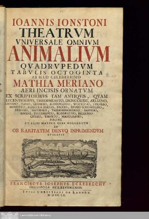Tomus 1: Ioannis Ionstoni|| Theatrvm|| Vniversale Omnivm|| Animalivm|| Qvadrvpedvm