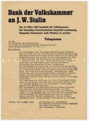 Sonderdruck des Danktelegramms der Volskammer an Stalin für UdSSR-Note an die Westmächte über Friedensvertrag mit Deutschland
