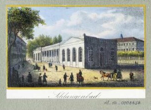 Ansicht vom Schlangenbad in Teplitz, Radierung, 1840 : Schlangenbad, [ca. 1840]. - 1 Kunstblatt : kol. Radierung ; 8,0 x 4,8 cm