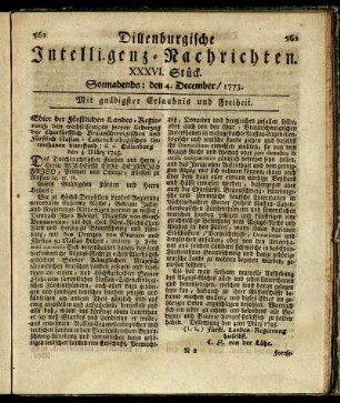 XXXVI. Stück. Sonnabends: den 4. December / 1773.