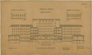 Fischer, Theodor; München - Westend, Bergmannstr.; Ledigenheim - Zwischenbau Hofseite Süd u. Nord (Ansichten); Längsschnitt